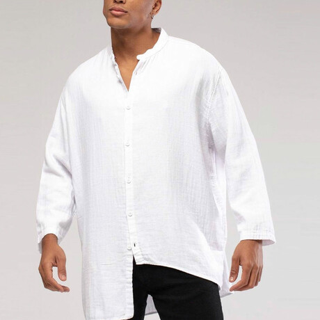 Linen Shirt // Mandarin Neck Button Down Asymmetric // White (S)