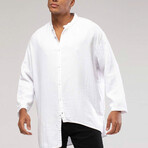 Linen Shirt // Mandarin Neck Button Down Asymmetric // White (S)