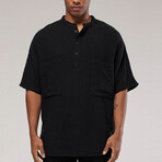 Linen Shirt // Mandarin Neck Two Chest Pockets // Black (S)