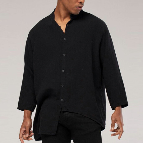 Linen Shirt // Mandarin Neck Button Down Asymmetric // Black (S)