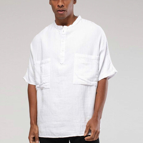 Linen Shirt // Mandarin Neck Two Chest Pockets // White (S)