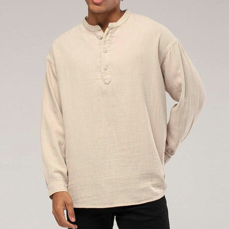 Linen Long Sleeve Shirt // Mandarin Neck Half Button // Beige (S)