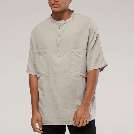 Linen Shirt // Mandarin Neck Two Chest Pockets // Light Gray (S)