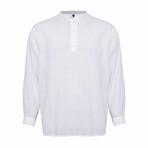 Linen Long Sleeve Shirt // Mandarin Neck Half Button // White (XL)