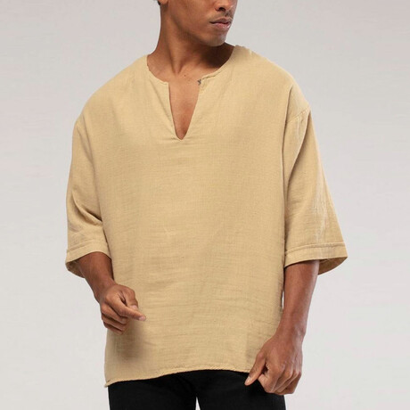 Linen Shirt // Bohemian V Neck // Camel (S)