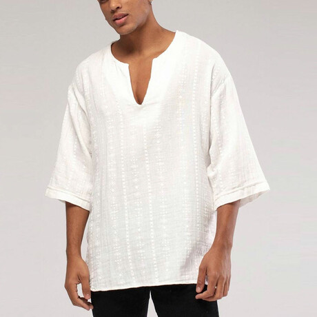 Linen Shirt // Bohemian V Neck // White (S)