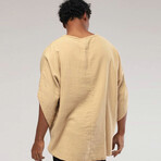 Linen Shirt // Bohemian Round Neck Bell Sleeve // Camel (XL)