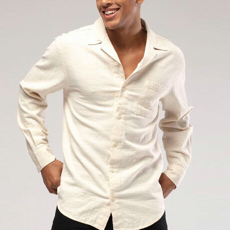 Linen Button Down Long Sleeve Shirt // Beige (S)