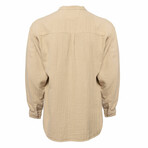 Linen Long Sleeve Shirt // Mandarin Neck Half Button // Beige (L)