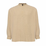 Linen Long Sleeve Shirt // Mandarin Neck Half Button // Beige (L)