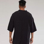 Linen Short Sleeve Shirt // Mandarin Neck Half Button // Black (M)