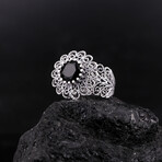 Cute Flower Ring with Onyx (7.5)