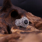 Cute Flower Ring with Onyx (7.5)
