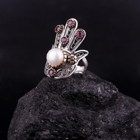 Hand of Hamsa Ring with Pearl (3.5)