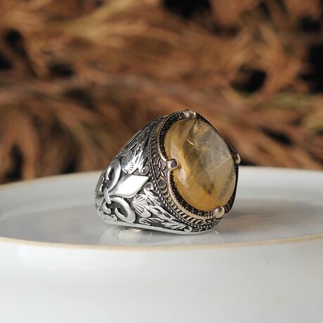 925 Sterling Silver Fleur de Lis Engraved Genuine Citrine Stone Ring (6.5)