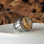 925 Sterling Silver Fleur de Lis Engraved Genuine Citrine Stone Ring (7.5)