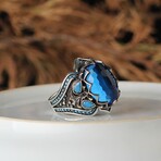 925 Sterling Silver Aquamarine Stone with Turquoise Side Stones Ring (6.5)