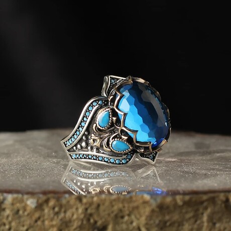 925 Sterling Silver Aquamarine Stone with Turquoise Side Stones Ring (6.5)