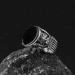 925 Sterling Silver Black Onyx Stone Hand Engraved Ring (9.5)