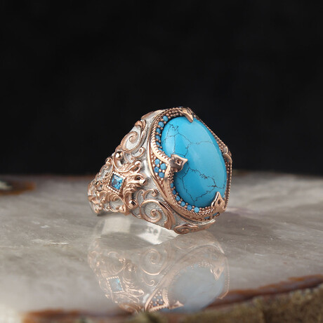 Rhodium + Rose Gold Plated 925 Sterling Silver Turquoise Stone Ring (6.5)