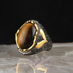 Rhodium + Gold Plated 925 Sterling Silver Tiger's Eye Stone Ring (7.5)