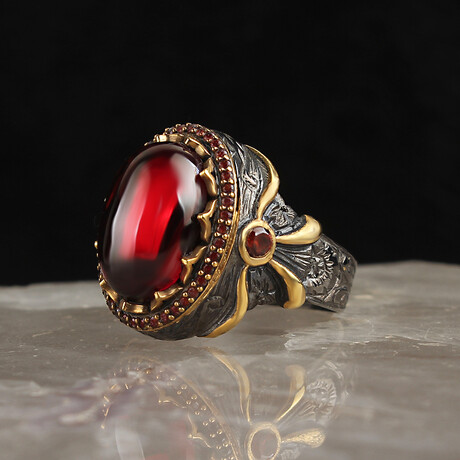 925 Sterling Silver Rhodium and Gold Plated Garnet Stone Ring (6.5)