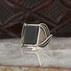 925 Sterling Silver Black Onyx Stone with Garnet Side Stones Ring (8.5)