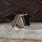 925 Sterling Silver Black Onyx Stone with Garnet Side Stones Ring (7.5)