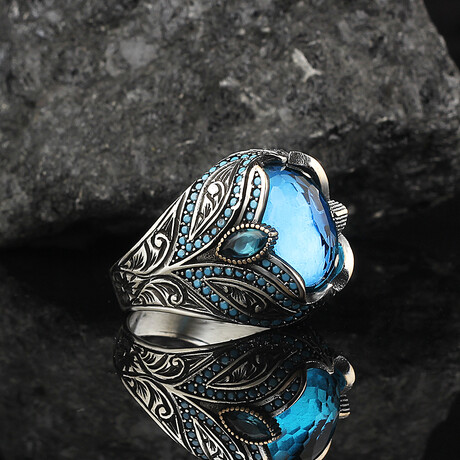 925 Sterling Silver Aquamarine Stone Hand Engraved Ring (6.5)