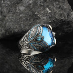 925 Sterling Silver Aquamarine Stone Hand Engraved Ring (9)