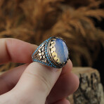 925 Sterling Silver Genuine Moonstone with Turquoise Side Stones Ring (10.5)