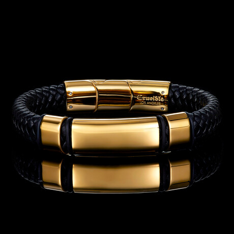 Polished Gold Plated Stainless Steel ID Plate + Leather Cuff ID Bracelet // 8.75"