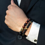 Gold Plated Steel Skull + Red Tiger Eye + Matte Onyx Stone Stretch Bracelet // 8"