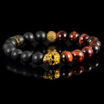 Gold Plated Steel Skull + Red Tiger Eye + Matte Onyx Stone Stretch Bracelet // 8"