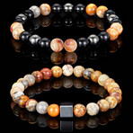 Crazy Lace Agate + Onyx + Hematite Stone Stretch Bracelets // Set of 2 // 8"