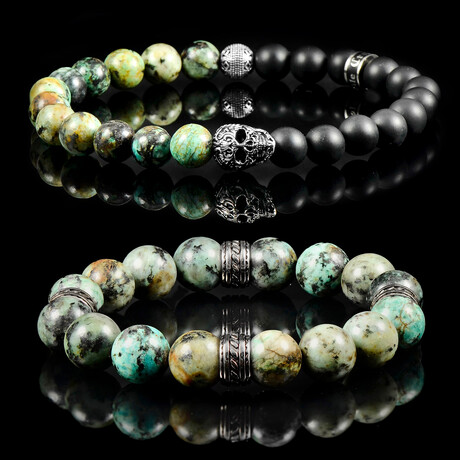 Skull Bead + African Turquoise + Matte Onyx + Steel Accents Stretch Bracelets // Set of 2 // 8"