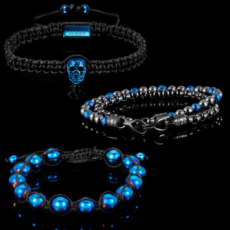 Blue Plated Hematite + Blue Skull Bead + Box Chain Wrap Bracelet // Set of 3 // 8"