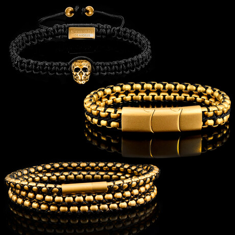 Gold Plated Steel Box Chain Bracelet and Necklace + Gold Plated Skull Bracelet // 26"