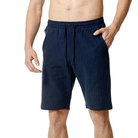 Draw String Slim Fit Linen Shorts // Navy Blue (S)