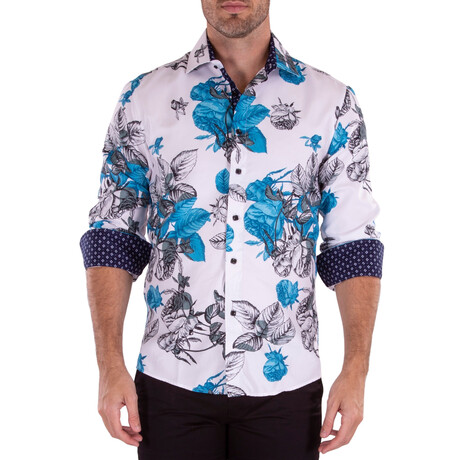Floral Blue Long Sleeve Button Up // White (XS)