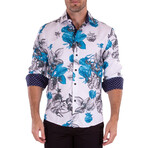 Floral Blue Long Sleeve Button Up // White (S)