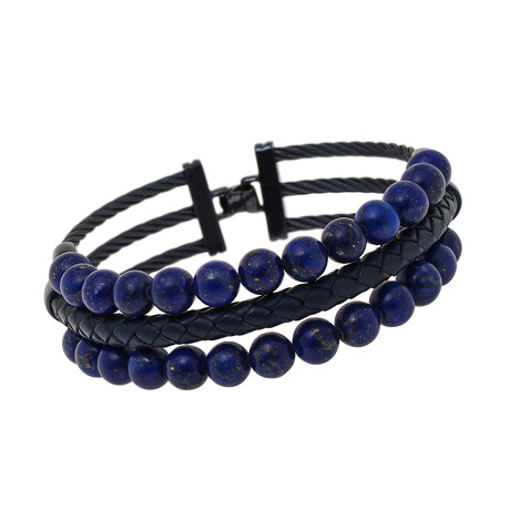 Stainless Steel + Lapis + Leather Layered Bracelet // 8" // Store Display