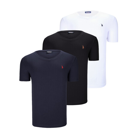Set of 3 V-Neck T-Shirts // Black + Snow White + Dark Blue (S)