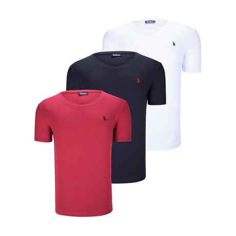 Set of 3 // V-Neck T-Shirts // White + Dark Blue + Burgundy (S)
