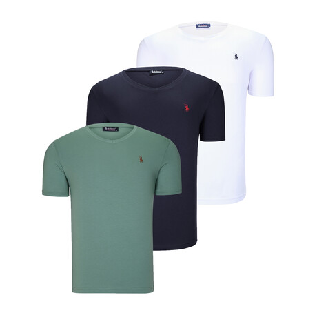 Set of 3 // V-Neck T-Shirts // White + Dark Blue + Light Green (S)