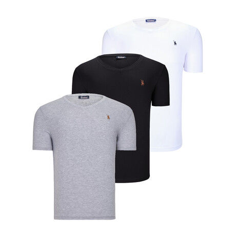Set of 3 // V-Neck T-Shirts // White + Black + Light Gray (S)