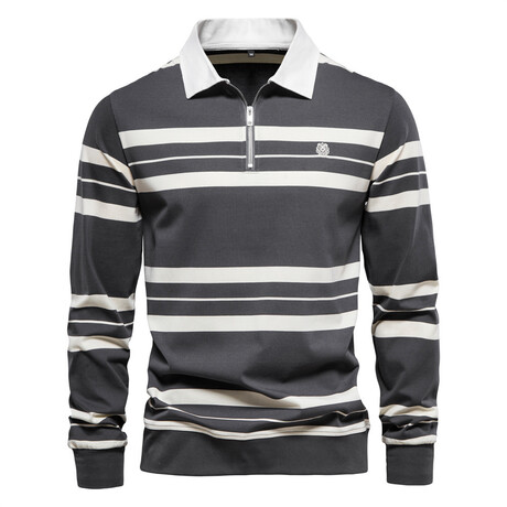 Long Sleeve Striped Polo // Gray + White (XS)