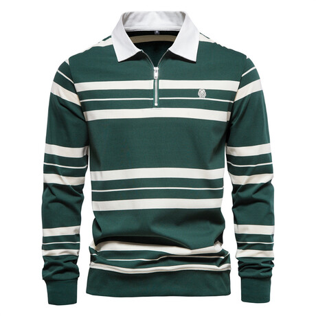 Long Sleeve Striped Polo // Green + White (XS)