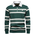 Long Sleeve Striped Polo // Green + White (M)