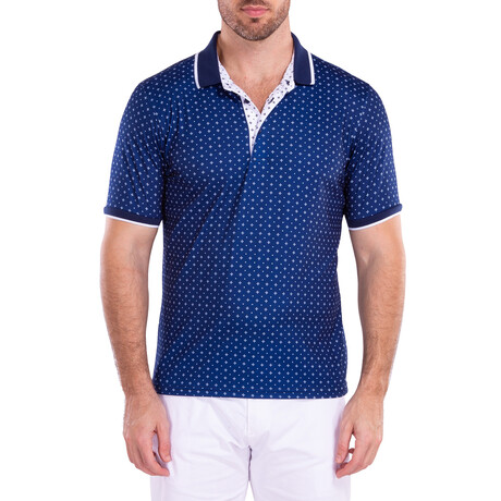 Geometric Mini Diamond Pattern Short Sleeve Polo Shirt // Navy (S)